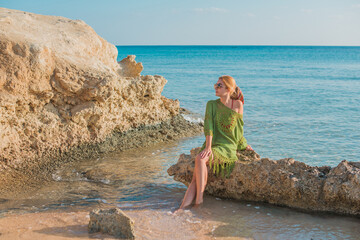 European Woman Tourist, vacation time, Tropical and Africa views, concept of travels and adventures