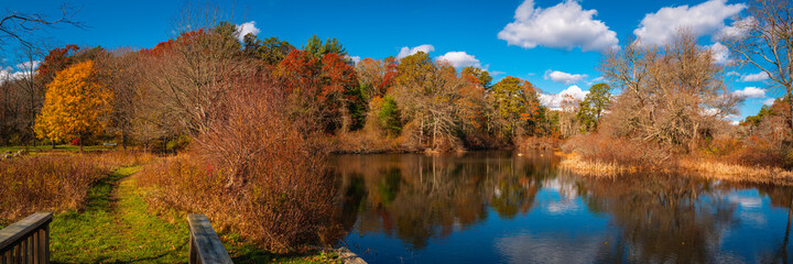 Fototapeta na wymiar Peaceful autumn forest landscape over the serene pond with green footpath. Blue sky, white clouds, and reflections of colorful tree foliage on the calm water of the lake in New England, USA.