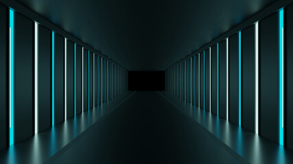 青と白のライトに照らされた長い通路　3DCG　背景　ネオン