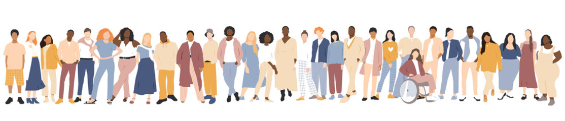 Obraz premium People of different ethnicities stand side by side together. Flat vector illustration. 