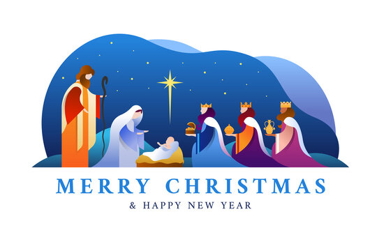 Merry christmas and happy new year banner - Nativity of Jesus scene, mary and joseph in a manger with baby Jesus and Three wise men in night time and star light vector design