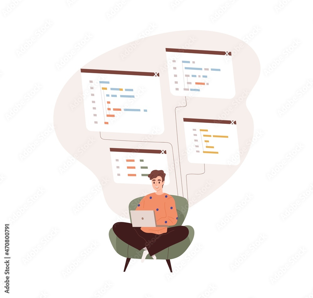 Aufkleber Coder programming with laptop. Backend developer coding. Software engineer at work with scripts. Information technology and development concept. Flat vector illustration isolated on white background