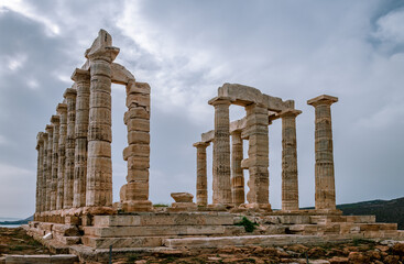 Fototapeta na wymiar The ruins of the temple of Poseidon, in Cape Sounion, Attica, Greece.