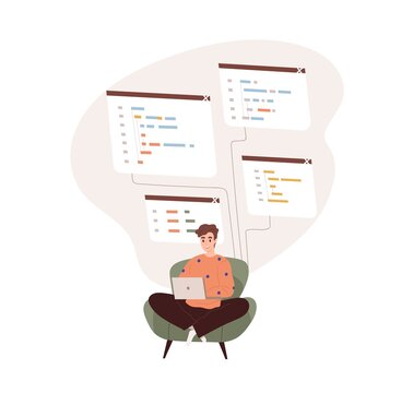 Coder programming with laptop. Backend developer coding. Software engineer at work with scripts. Information technology and development concept. Flat vector illustration isolated on white background