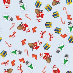 Seamless pattern Christmas gifts. Vector illustration of Christmas symbols Santa Claus, snowman, candy, felt boots and a gift box.