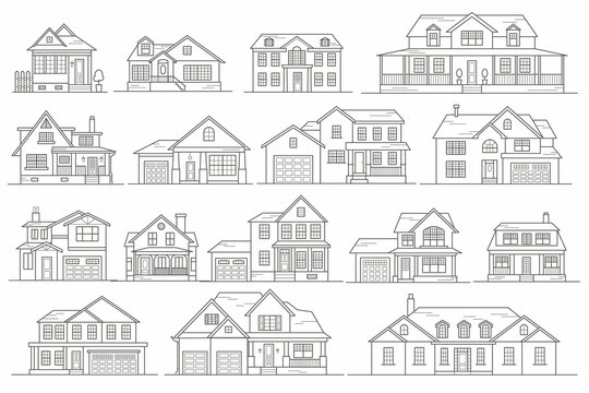 Cottages of neighborhood the city, the houses of the suburbs residential area. Low-rise buildings of the village. Set of outline vector illustration.