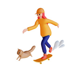 3d female character pedaling skateboard and jumping cat