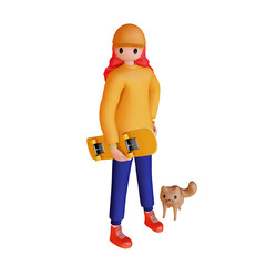 3d female character standing holding skateboard with cat