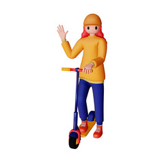 3d female character riding an electric scooter wave hands