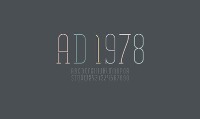 Font from thin line, alphabet of retro style, old condensed letters and numbers, vector illustration 10EPS