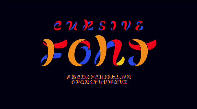 Multi colored cursive font, handwritten script alphabet, calligraphy cursive typeface
