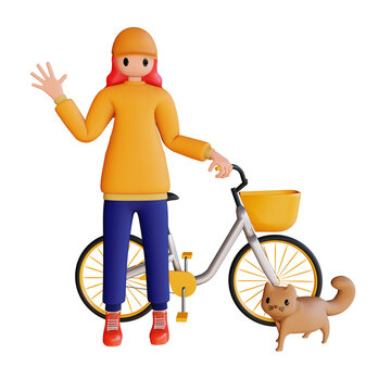 3d female character cycling taking photo  with cat