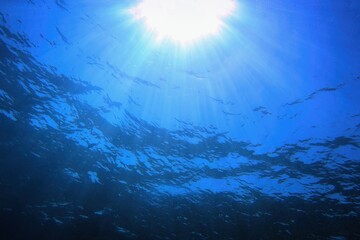 Fototapeta na wymiar Deep dark blue water. Thalassophobia is a fear of the ocean or large, deep bodies of water.