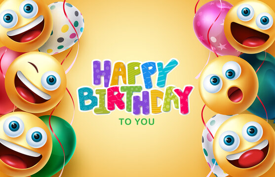 Birthday greeting vector background design. Happy birthday text with smileys and balloons floating decoration elements for birth day celebration messages. Vector illustration.
