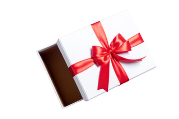 Opened white gift box with red ribbon