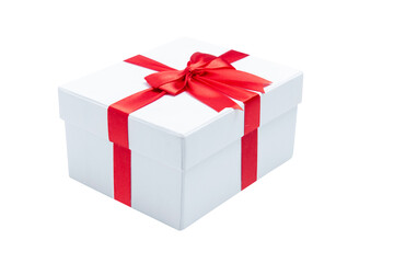 White gift box with red ribbon