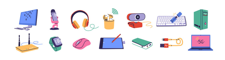 Big pack of computer accessories. Office electronics stuff like headphones, microphones, USB, laptop, tablet, mouse, router, watches, web camera. Contemporary school supplies concept. Isolated vector