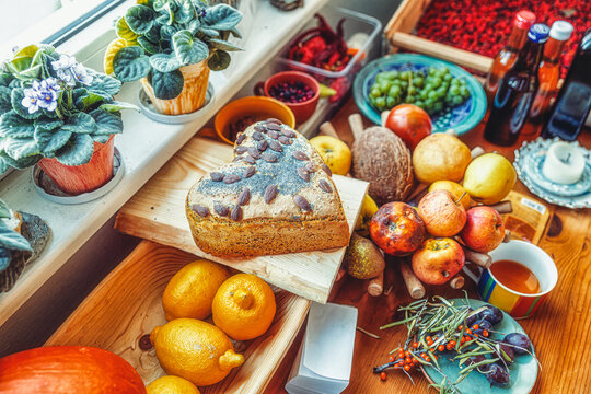 bread shaped srdca with mandle and poppy seeds.