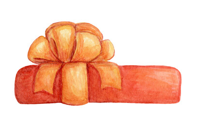 Watercolor illustration. Red gift box with yellow bow. Isolate on a white background. christmas element.