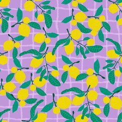 Hand Drawn Lemons Geometrical Plaid Background Seamless Pattern Trendy Fashion Colors Allover Print Design