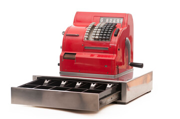 Vintage red cash register on white background - Powered by Adobe