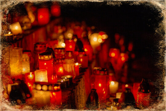 Candles in the cemetery. 1st November. Feast of All Saints. Hallowmas. All Souls' Day.