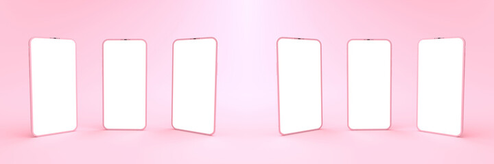 3D rendering of mockups pink Smartphone white screen on pink floor, pink Mobile phone lay down on the ground. Smartphone white screen can be used for commercial advertising,Isolated on pink background