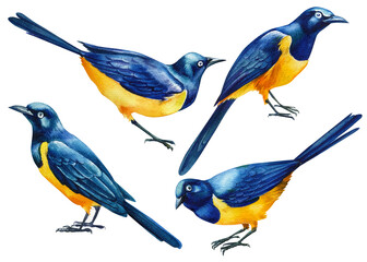 Glossy Starling, Cape Starling on a white background, watercolor illustration. Set tropical birds 