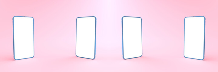 3D rendering of mockup blue smartphone white screen on pink floor, blue Mobile phone tilted and lay down on the ground. Smartphone white screen can be used for advertising,Isolated on pink background.