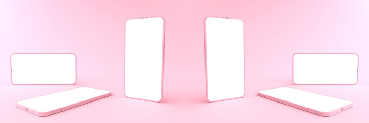 3D rendering of mockups pink Smartphone white screen on pink floor, pink Mobile phone lay down on the ground. Smartphone white screen can be used for commercial advertising,Isolated on pink background