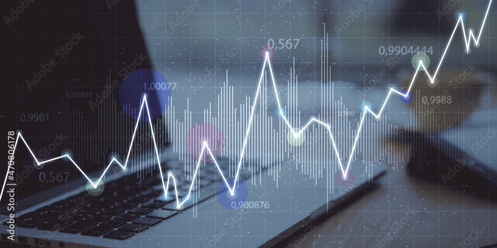 Poster close up of workplace with laptop and abstract glowing business chart on blurry grid background. dig