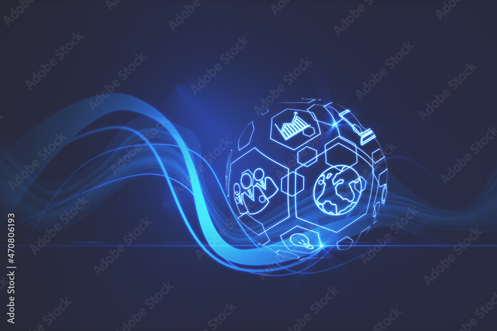 Poster creative spherical business interface on blue background. technology, finance and innovation. 3d ren