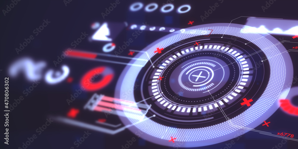 Poster Abstract round interface with red cross on dark backdrop. Hud, future, safety and cyber attack concept. 3D Rendering.