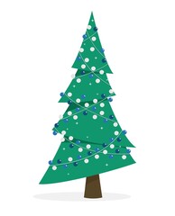 Christmas tree vector illustration in flat style. Festive fir tree decorated with luminous garlands with balloons in blue colors. Subject illustration for web design and print. New Year's