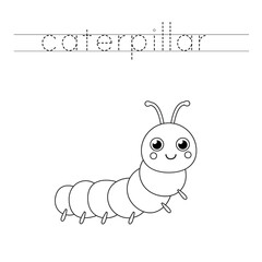Trace word and color cute cartoon caterpillar.