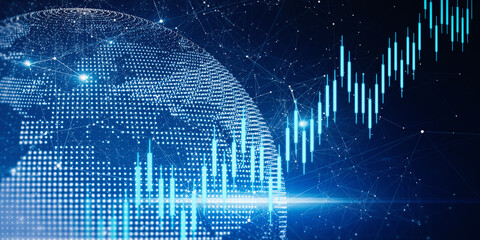 Glowing polygonal globe on blurry starry sky background with candlestick forex graph. Earth, trade, stock, technology and digital world concept. 3D Rendering.