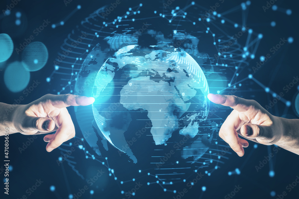 Aufkleber Close up of businessmen hands pointing at abstract glowing planet hologram on blurry blue background with polygonal pattern and bokeh circles. Innovation, global business and panet concept.