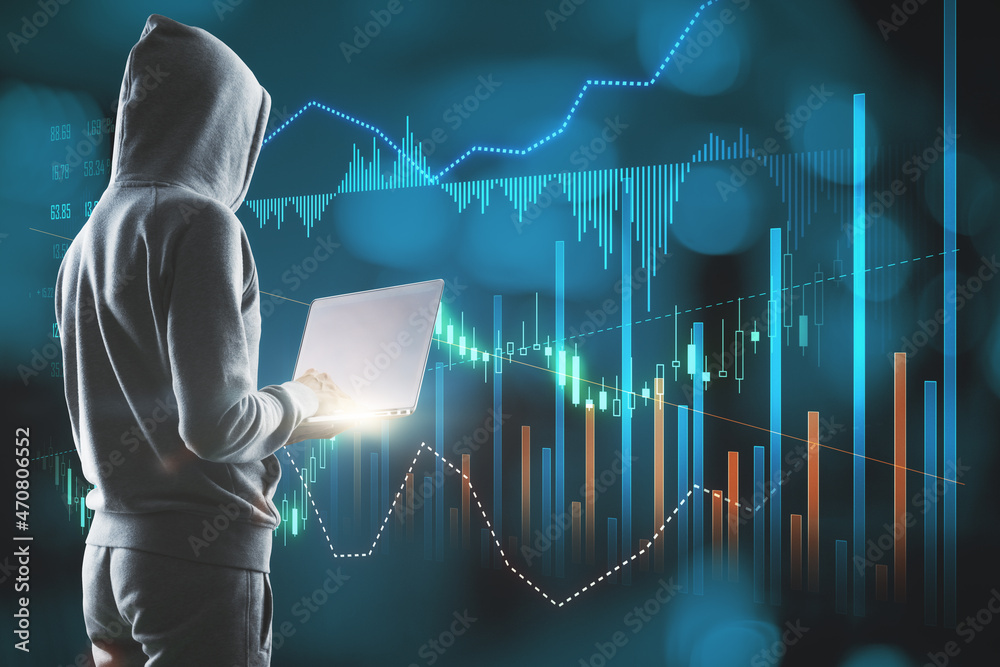 Poster Hacker using laptop with creative glowing forex graph on blurry bokeh background. Market analysis and trade concept.