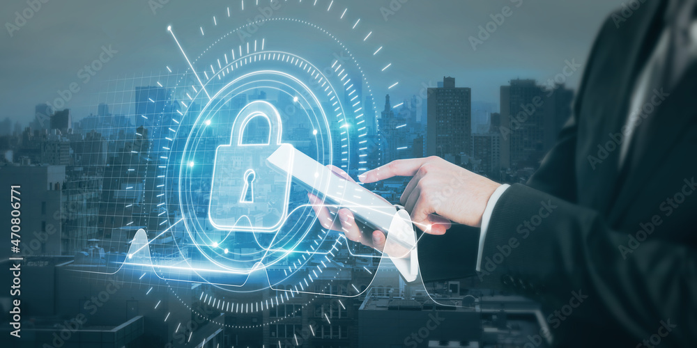 Poster Close up of businessman hand pointing at tablet with abstract glowing padlock interface with upward chart on blurry night city background. Web security and analytics concept. Double exposure.