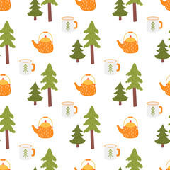 Camping teapot with mug among the trees, vector seamless pattern in flat style