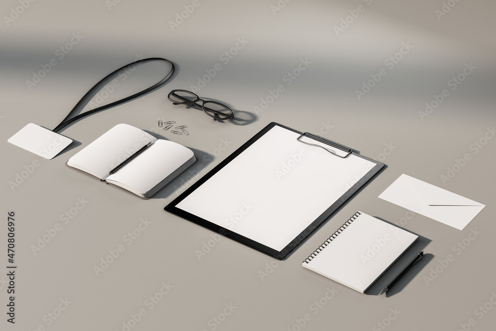 Poster top view and close up of empty office supplies on white table. clipboard, notepad, bad, envelope. mo