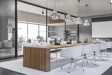 Contemporary concrete and wooden meeting room office interior with glass, partition and furniture, daylight, window with city view. Workplace concept. 3D Rendering.