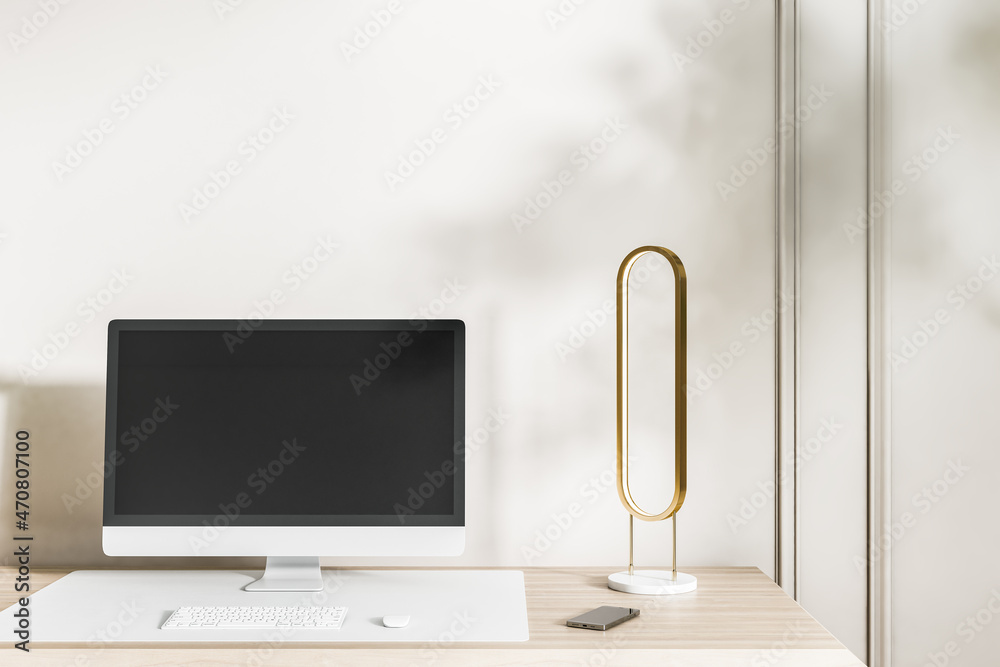Aufkleber close up of modern designer desktop with empty black computer screen, keyboard, decorative items and