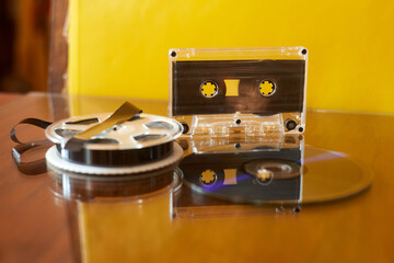 Photo of cassette, CD and magnetic tape