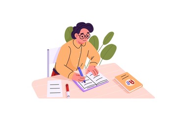 School child sitting at desk and studying. Girl in glasses writing essay in notebook. Diligent schoolkid in eyewear doing homework at table. Flat vector illustration isolated on white background