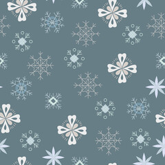 Seamless pattern of snowflakes in boho or scandinavian style. Christmas items with winter elements and holiday wishes. Winter vector illustration on white background.