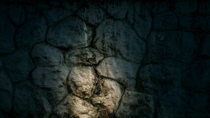 Old grungy retro dirty dusty cavern of built fortress city. Cracked vintage pitted peeled surface worn facade cellar. Ruined shabby grimy holes blocks. Crumbled ragged grotto wall for 3D grunge design