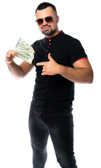 portrait of a man with dollars. man counts money. isolated white background