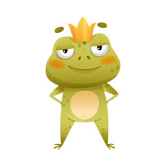 Cute frog prince. Green toad character in golden crown standing on its hind legs cartoon vector illustration