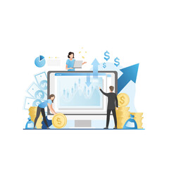People make money on growth of currencies, analyze financial growth charts on website, application,invest in banknote. Investor works in laptop, computer in gold coins,money, cash.Business background.